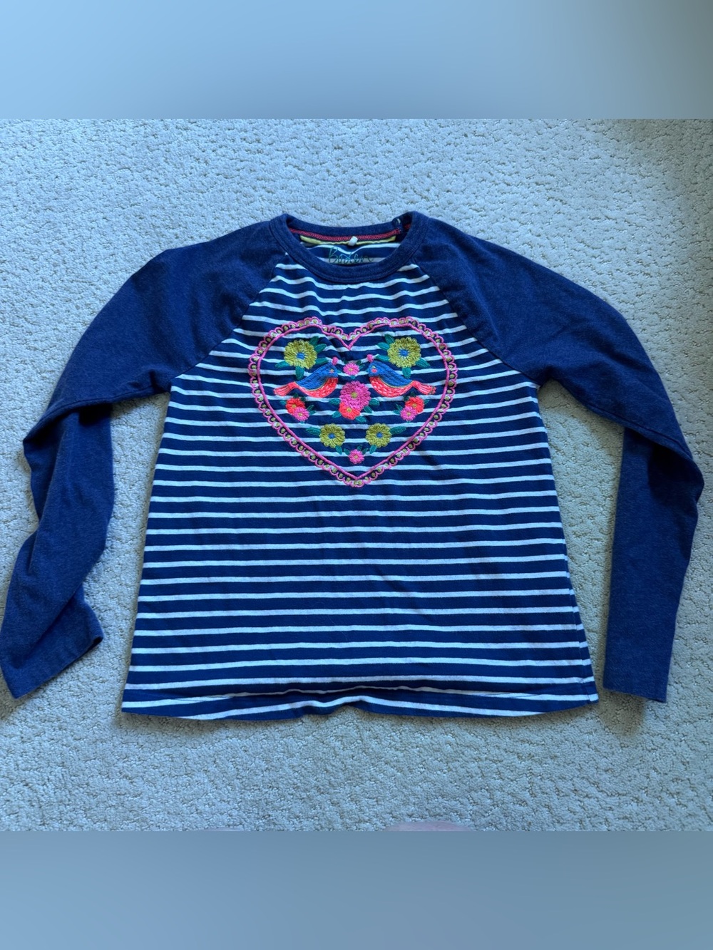 Mini Boden Girls Long Sleeve Top Shirt Embroidered Hearts Stripes Birds 9-10 Y